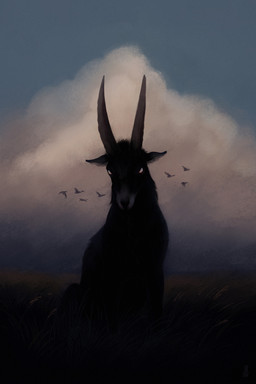 ambiguous_gender black_body black_fur cloud detailed_background feral fur grass grass_field hollow_eyes horn looking_at_viewer outside plant quadruped realistic sitting sitting_on_grass sitting_on_ground sky solo white_eyes dappermouth shadow_animals_by_jemma_barton ambient_bird bovid caprine goat mammal 2019 2:3 absurd_res detailed digital_media_(artwork) hi_res
