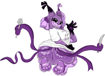 4_fingers anthro anus big_breasts big_butt black_eyes black_eyeshadow bottomless breasts butt clothed clothing cutlery eyelashes eyeshadow feet female fingers fork freckled_face freckles genitals gesture gloves handwear huge_butt kitchen_utensils kneeling knife looking_at_viewer looking_back looking_back_at_viewer makeup multi_tail pawpads pinata prehensile_tail purple_body sharp_teeth simple_background smile solo tail teeth text text_on_clothing text_on_topwear thick_thighs tools topwear vulva waving waving_at_viewer white_background white_clothing white_topwear wide_hips naughtikel blushcrunch_studio dandy's_world yatta_(dandy's_world) animate_inanimate living_pinata toon_(dandy's_world) hi_res