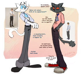 accessory anthro black_clothing black_footwear black_nose black_shoes blue_eyes blue_necktie cat_tail clothed clothed_anthro clothed_male clothing dirt dirty duo footwear fur grey_body grey_clothing grey_fur grey_shirt grey_topwear grimy hand_in_pocket hand_in_underwear looking_at_another male male/male male_anthro necktie nervous nervous_look orange_eyes pattern_clothing pattern_necktie pattern_shirt pattern_topwear pink_clothing pink_shirt pink_topwear pockets pose red_clothing red_footwear red_shoes red_sneakers shirt shoes short_fur simple_background simple_coloring simple_eyes sketchy skinny_anthro skinny_male smile smirk sneakers spots stained_clothing standing t-shirt tail tail_tuft text texting toony toony_eyes topwear tuft underwear white_body white_clothing white_fur white_shirt white_topwear pinkish-cat gregory_(pinkish-cat) seraphim_smith_(pinkish-cat) domestic_cat felid feline felis mammal 2026 colored_sketch english_text flat_colors hi_res reference_image sketch