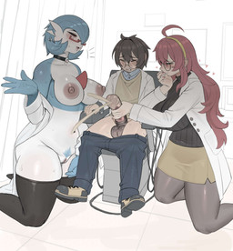 areola balls biped bodily_fluids bottomwear breasts clothed clothing cum eyewear female genital_fluids genitals glasses handjob male male/female nipples penile penis pubes sex topwear vulva jingzhou14848 nintendo pokemon dr._voir gardevoir generation_3_pokemon humanoid pokemon_(species) hi_res