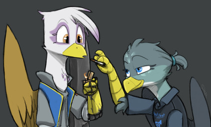 amputee beak blue_eyes brown_body brown_eyes brown_feathers cigarette clothing disability duo feathered_wings feathers female feral fingers fire grey_body grey_feathers holding_object simple_background smile white_body white_feathers wings sinrar friendship_is_magic hasbro my_little_pony mythology gabby_(mlp) gilda_(mlp) avian gryphon mythological_avian mythological_creature