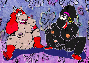afro anthro balls belly big_belly big_breasts black_hair breasts duo erect_nipples female foreskin genitals gynomorph hair intersex lipstick looking_at_viewer makeup nipples overweight overweight_female overweight_gynomorph overweight_intersex penis red_hair smile divinitydivision roxxred_(artist) fritz_the_cat bertha_(fritz) harriet_(fritz_the_cat) avian bird corvid corvus_(genus) crow equid equine horse mammal oscine passerine hi_res