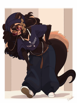 amber_eyes anthro barbel_(anatomy) beanie belt bottomwear bra breasts brown_body brown_fur brown_hair cleavage clothed clothing curly_hair eyewear fangs female flesh_whiskers footwear fur furry_tail glasses hair hand_on_hip hand_on_leg hat headgear headwear leaning leaning_forward leaves_in_hair long_hair looking_at_viewer midriff navel open_mouth open_smile oversized_bottomwear oversized_clothing oversized_pants pants round_glasses shoes simple_background smile sneakers solo sunglasses tail teeth text text_on_clothing text_on_topwear thong thong_straps topwear underwear skecchiart mythology mai_(moriewastaken) dragon eastern_dragon furred_dragon furred_scalie mythological_creature mythological_scalie scalie 2026 3:4 english_text hi_res signature