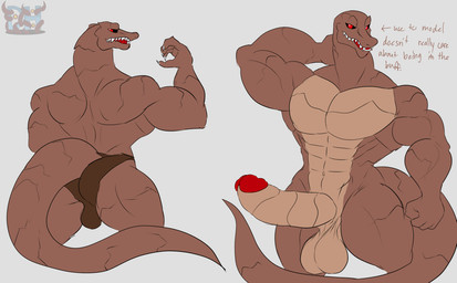 3_toes 5_fingers abs anthro balls balls_outline biceps big_balls big_muscles big_penis biped black_sclera bottomwear brown_body brown_clothing brown_scales brown_thong brown_underwear bulge butt claws clothed clothing countershading crocodile_tail detailed_bulge digitigrade erection fangs feet finger_claws fingers front_view genital_outline genitals glans glistening glistening_eyes huge_balls huge_penis humanoid_genitalia humanoid_hands humanoid_penis logo looking_at_viewer male muscular muscular_anthro muscular_arms muscular_male muscular_thighs navel no_pupils non-mammal_balls non-mammal_navel open_mouth pecs penis rear_view red_eyes red_glans reptilian_tail scaled_penis scales sharp_teeth simple_background snout solo standing tail tan_body tan_countershading tan_scales teeth text thong three-quarter_view toe_claws toes tongue translucent translucent_logo underwear daikuhiroshiama donkey_kong_(series) nintendo fan_character klaye_(daikuhiroshiama) crocodilian kremling kritter_(kremling) reptile rock_kroc scalie 2025 artist_logo colored colored_line_art digital_drawing_(artwork) digital_media_(artwork) english_text flat_colors hi_res multiple_images portrait three-quarter_portrait