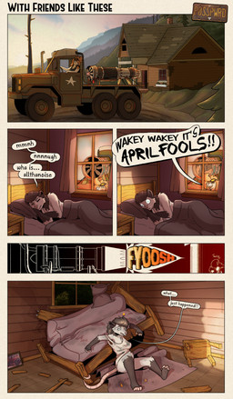4_toes anthro barefoot bed black_body black_clothing black_ears black_fur black_hair black_shirt black_tank_top black_text black_topwear blue_eyes breasts broken_bed brown_body brown_ears brown_eyewear brown_fur brown_goggles building cleavage clothed clothed_anthro clothed_female clothing confusion day dialogue door driving duo end_table evergreen_tree eyewear eyewear_on_head feet female fire floppy_ears framed_picture fur furniture goggles goggles_on_head green_eyes grey_body grey_fur hair hairless_tail half-closed_eyes headboard heavy_truck holidays house jet_engine leaning leaning_backward logo long_hair looking_back messy_hair morning mountain mullet multicolored_body multicolored_eyewear multicolored_fur multicolored_goggles narrowed_eyes onomatopoeia orange_text outside paws pillow pine_tree pink_nose pink_tail pink_tongue plant prank rust shirt sitting snout soles sound_effects stain surprised tail talking_to_another talking_to_self tank_top teeth text toes tongue topwear tree truck two_tone_body two_tone_eyewear two_tone_fur two_tone_goggles under_covers vehicle waking_up wearing_goggles white_body white_fur wide_eyed window wood yelling yellow_eyewear yellow_goggles yellow_text posspowered april_fools'_day bonnie_vale_(posspowered) grace_linde_(posspowered) american_opossum canid canine canis domestic_dog foxhound hunting_dog mammal marsupial scent_hound virginia_opossum absurd_res artist_logo comic english_text hi_res