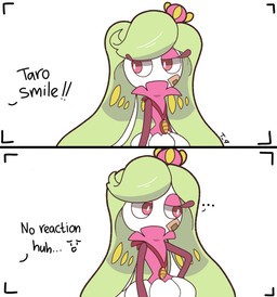 ambiguous_expression anthro band-aid bandage bandage_on_face camera_overlay eyelashes female gold_medal green_hair hair half-closed_eyes medal narrowed_eyes pink_body pink_eyelids pink_eyes pupils red_arms sassy solo text white_body white_pupils white_sclera todok9 nintendo pokemon generation_7_pokemon pokemon_(species) tsareena comic hi_res