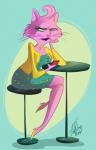 anthro biped bored cardigan clothed clothing dress electronics female footwear fur furniture green_eyes high_heels jacket jewelry necklace open_mouth phone pink_body pink_fur shoes sitting solo table toony topwear whiskers vivzmind bojack_horseman netflix princess_carolyn domestic_cat felid feline felis mammal 2014 full-length_portrait hi_res portrait signature