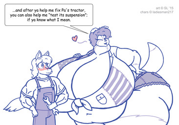 anthro belly big_belly big_breasts big_butt blush bottomwear breasts butt clothing copyright_symbol deep_navel dialogue duo female hair heart_symbol hotpants huge_breasts huge_butt huge_thighs hyper hyper_breasts male morbidly_obese morbidly_obese_anthro morbidly_obese_female muscular muscular_male navel obese obese_anthro obese_female one_eye_closed overalls overweight overweight_anthro overweight_female shirt shorts symbol text thick_thighs topwear wink satsumalord horace_(ladiesman217) kenna_(ladiesman217) canid canine canis domestic_dog equid equine horse mammal 2015 digital_media_(artwork) english_text sketch