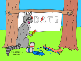 ambiguous_gender angry balls banner blue_paint covered_in_paint duo feral fur genitals grey_body grey_fur male orange_body orange_fur outside paint paint_bucket painting_(action) plant red_paint running tail toony tree urbanhermit mammal procyonid raccoon rodent sciurid tree_squirrel 2004 4:3 colored dated