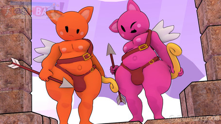 anthro anthro_on_anthro ass_to_ass balls belly bent_over big_belly big_butt black_eyes bottom_heavy bow_(weapon) brown_clothing brown_underwear butt butt_jiggle closed_smile clothing curvy_figure duo empty_eyes feathered_wings feathers floating_island flying frown fur genitals glistening glistening_balls glistening_body glistening_butt glistening_eyes glistening_genitalia glistening_legs glistening_perineum glistening_skin glistening_thighs grass heart_symbol holding_arrow holding_bow_(weapon) holding_object holding_ranged_weapon holding_weapon huge_butt huge_thighs hyper hyper_butt jiggling light looking_at_viewer looking_back looking_back_at_viewer looking_pleasured male male/male moobs mouth_closed multiple_angles navel nipples nude open_mouth open_smile orange_balls orange_body orange_ears orange_perineum orange_skin outside perineum pink_balls pink_body pink_ears pink_inner_ear pink_nipples pink_perineum pink_skin plant presenting presenting_hindquarters ranged_weapon rear_view sash sky slightly_chubby slightly_chubby_anthro slightly_chubby_male smile standing stone_floor text thick_thighs twitter_handle underwear weapon wide_hips wings fanfurry nitrome twin_shot angel domestic_cat felid feline felis mammal 16:9 2026 3d_(artwork) 3d_animation 4k absurd_res animated artist_name colored digital_media_(artwork) english_text hi_res huge_filesize lighting long_playtime multiple_scenes no_sound shaded signature video widescreen