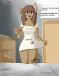 anthro apron apron_lift aroused black_nose bottomless brown_body brown_hair clitoris clothed clothing clothing_lift detailed_background door female first_person_view fluffy food furniture genitals hair looking_at_viewer one_ear_up pink_pussy purple_eyes pussy smile solo speech_bubble tail text tleatlnox59 corgee_(tleatlnox59) canid canine canis domestic_dog mammal vizsla absurd_res hi_res