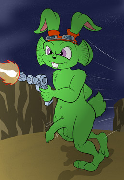 anthro balls bouncing_penis erection eyewear eyewear_only foreskin fur genitals goggles goggles_only green_body green_fur laser_gun male nude penis purple_eyes ranged_weapon running solo tight_foreskin weapon darkajugin bucky_o'hare_(series) bucky_o'hare hare lagomorph leporid mammal absurd_res hi_res
