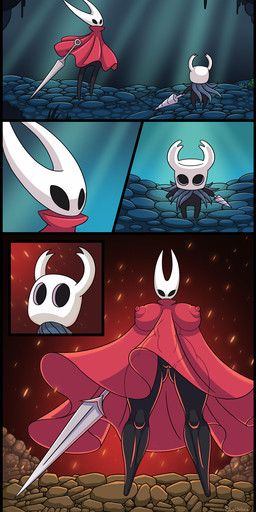 2_horns 5_panel_comic anthro big_breasts biped black_eyes boulder breasts camel_toe cloak clothing comic_panel duo female footless genitals gradient group holding_melee_weapon holding_object holding_weapon hollow_eyes horn huge_breasts larger_female looking_at_another male male/female melee_weapon nail_(weapon) red_cloak red_clothing rock size_difference standing sword thick_thighs vulva weapon blueumbra hollow_knight_(franchise) team_cherry hornet_(hollow_knight) the_knight_(hollow_knight) arthropod humanoid insect vessel_(species) adobe_photoshop_(artwork) comic digital_media_(artwork) hi_res signature half_sister_(lore) sibling_(lore) sister_(lore)