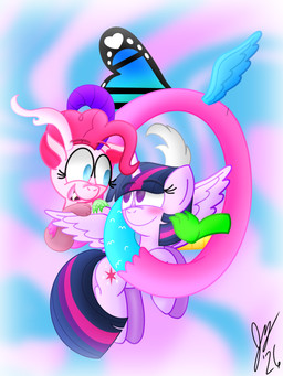 alternate_species blush duo female feral horn looking_at_another simple_background smile wings jesslmc16 friendship_is_magic hasbro my_little_pony mythology pinkie_pie_(mlp) twilight_sparkle_(mlp) chimera draconequus equid equine mammal mythological_creature mythological_equine winged_unicorn 3:4 hi_res
