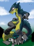 anthro building claws destroyed_building destruction fangs fluffy flustered fur green_body green_fur grey_body grey_fur growth house macro male pawpads paws red_eyes rubble shy solo tail tail_tuft teeth tuft yellow_body yellow_fur catmonkshiro brom_(sahurus) sergal absurd_res hi_res