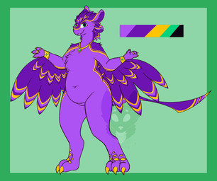 3_claws 3_fingers 3_toes 4_ears ambiguous_gender anthro big_pupils biped border bracelet chest_tuft claws color_swatch countershade_accent countershading feather_markings feathered_wings feathers feet female female_anthro finger_claws fingers green_border green_eyes green_tail hair jewelry markings multi_ear navel necklace pupils purple_body purple_countershading purple_feathers purple_hair purple_tail slightly_chubby slightly_chubby_anthro slightly_chubby_female solo tail toes tuft wing_markings wings yellow_claws yellow_markings strawberrymilkdog mochi_(icanhazbrgr) avali colored hi_res