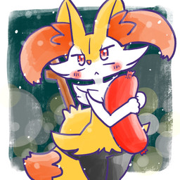 :< ambiguous_anthro ambiguous_gender anthro biped blush blush_stickers border dipstick_tail food front_view holding_food holding_meat holding_object holding_sausage markings meat object_in_tail sausage simple_background solo standing stick stick_in_tail tail tail_markings white_border annyui0611 nintendo pokemon braixen canid generation_6_pokemon mammal pokemon_(species) 1:1 2024 digital_drawing_(artwork) digital_media_(artwork) hi_res japanese_description portrait three-quarter_portrait translated_description