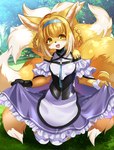 8_tails accessory anthro bottomwear clothed clothing female grass headband kneeling looking_at_viewer multi_tail plant skirt smile solo tail tree ruri_tsubame arknights hypergryph studio_montagne suzuran_(arknights) canid canine fox mammal