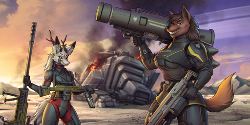 anthro armor black_nose black_sclera brown_body brown_fur brown_hair clothed clothing cloud duo female female_anthro fur grin hair holding_rocket_launcher logo mouth_closed outside purple_sky red_eyes short_hair sky smile standing text white_body white_fur yellow_eyes cereus93 helldivers mythology canid canine dragon furred_dragon furred_scalie mammal mythological_creature mythological_scalie scalie artist_logo artist_name hi_res