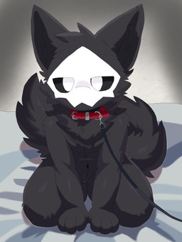 4_fingers anthro black_body black_fur collar fingers front_view fur hands_on_bed head_tuft kneeling looking_at_viewer male navel nude solo tail tuft white_eyes sairun changed_(video_game) puro_(changed) canid canine canis mammal wolf 2025 3:4 absurd_res hi_res