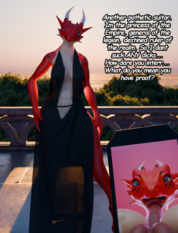 anthro balcony blue_eyes bodily_fluids breast_play breasts claws clothing costume cum cum_in_mouth cum_inside female genital_fluids genitals half_naked horn humanoid_genitalia humanoid_penis looking_at_viewer nude penis princess royalty scales screen text falconfeather mythology falconclaw_(character) dragon mythological_creature mythological_scalie scalie 3d_(artwork) digital_media_(artwork) english_text hi_res