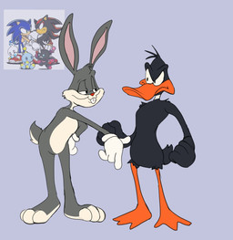 3_toes 4_fingers angry anthro arm_tuft beak biped black_body black_eyes black_feathers buckteeth casual_nudity clothing duo eye_contact feathers feet fingers fist frowning_at_another fur glaring_at_another gloves gloves_only grey_body grey_fur grinning_at_another half-closed_eyes handwear handwear_only head_tuft humanoid_hands humanoid_heel legwear long_ears looking_at_another male membrane_(anatomy) mostly_nude multicolored_body multicolored_fur narrowed_eyes nude orange_beak orange_bill orange_clothing orange_legwear paws pink_inner_ear plantigrade purple_background red_nose scut_tail short_tail shoulder_tuft simple_background smile smiling_at_another smirking_at_another smug smug_expression smug_eyes smug_face smug_grin standing tail teeth toes tuft two_tone_body two_tone_feet two_tone_fur two_tone_tail webbed_feet white_body white_clothing white_fur white_gloves white_handwear white_sclera white_toes scudmum looney_tunes sega sonic_the_hedgehog_(series) warner_brothers bugs_bunny cheese_the_chao daffy_duck shadow_the_hedgehog sonic_the_hedgehog anatid anseriform avian bird chao_(sonic) duck eulipotyphlan hedgehog lagomorph leporid mammal rabbit 2025 colored colored_sketch digital_drawing_(artwork) digital_media_(artwork) flat_colors hi_res reference_image sketch