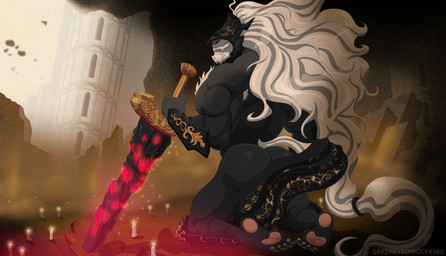 anthro armor armpit_hair back_muscles beard biceps big_butt biped black_body body_hair bubble_butt butt claws clothing detailed_background facial_hair fur glowing hair headgear helmet kneeling long_hair looking_at_viewer male melee_weapon muscular muscular_male nude open_mouth pecs presenting presenting_hindquarters rear_view smile smirk solo text triceps weapon greeneyedwolfking elden_ring fromsoftware maliketh_(elden_ring) canid canine canis mammal wolf 2022 artist_name digital_media_(artwork) hi_res