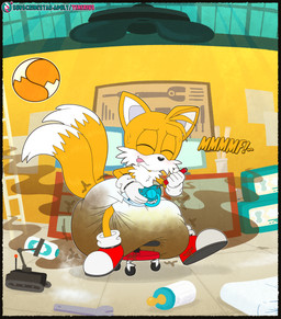 anthro baby_bottle baby_powder big_diaper blush bodily_fluids ceiling_fan chest_tuft clean_diaper clothed clothing cracked_ground diaper diaper_fetish diaper_only diaper_use electric_fan eyes_closed feces floor footwear fur genital_fluids gloves handwear head_tuft huge_diaper ladder male multi_tail onomatopoeia orange_body orange_fur pooping red_clothing red_footwear red_shoes screwdriver shoes soiled_diaper soiling soiling_diaper solo sound_effects stink_fumes sweat sweatdrop tail tape text tile tile_floor tongue tongue_out tool_wall tools topless tuft unclean_diaper urine used_diaper wearing_diaper wet_diaper wetting wetting_diaper white_body white_clothing white_diaper white_fur white_gloves white_handwear workshop wrench young tenerius sega sonic_the_hedgehog_(series) miles_prower canid canine fox mammal absurd_res hi_res url watermark