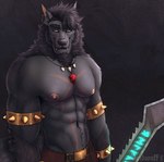 abs anthro arm_tuft armband beard clothed clothing elbow_tuft facial_hair fangs fur gold_armband grey_beard grey_body grey_facial_hair grey_fur grey_hair hair jewelry looking_aside male melee_weapon muscular muscular_anthro muscular_male necklace nipples pecs pink_nipples red_eyes simple_background solo spiked_armband spikes sword teeth topless tuft weapon acidwuff canid mammal half-length_portrait hi_res portrait