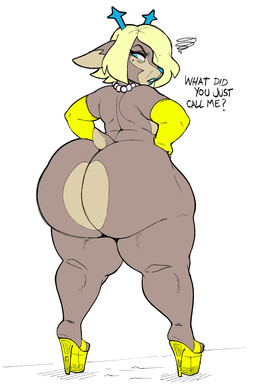 anthro antlers armwear big_butt blonde_hair blue_eyes blue_nose brown_body brown_fur butt clothing dialogue elbow_gloves female frown fur gloves hair handwear horn long_hair looking_back mature_anthro mature_female mole_under_eye nude nude_anthro nude_female simple_background solo standing thick_thighs white_background dongitos deltarune undertale_(series) carol_holiday hi_res