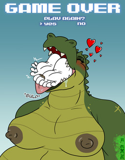 anthro blush bodily_fluids breasts drooling duo feet female female_pred foot_in_mouth game_over gameplay_mechanics green_body green_scales heart_symbol male male/female nipples saliva scales soft_vore toe_restraints toes toes_tied vore white_feet irkingir emera_(irkingir) izzy_(irkingir) alligator alligatorid canid canine canis crocodilian domestic_dog mammal reptile scalie shiba_inu spitz hi_res
