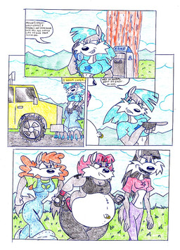 anthro belly blue_hair clothing female group hair navel navel_piercing navel_ring orange_hair outside overweight piercing ring_piercing shirt speech_bubble tail text topwear virus-20 wendy_wolf_(virus-20) canid canine canis mammal wolf 2008 comic english_text