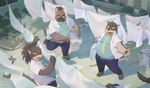 anthro clothes_line clothing dress_shirt group hair laundry long_hair male necktie obese overweight overweight_male ponytail shirt topknot topwear seamonsterping lifewonders tokyo_afterschool_summoners moritaka_(tas) shino_(tas) yasuyori_(tas) canid canine canis domestic_dog mammal absurd_res hi_res