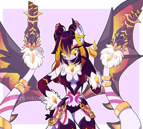 2_tails accessory amber_eyes anthro armwear chain clothed clothing female furgonomics gatling_gun gem gold_(metal) gold_chain gun hair horn jewelry machine_gun markings minigun multi_tail neck_tuft open_mouth open_smile partially_clothed purple_hair purple_markings ranged_weapon ring smile solo spiked_tail spikes spikes_(anatomy) tail tail_accessory tail_gun tail_jewelry tail_ring topwear tuft weapon weapon_tail white_body wings txmie dragonborn_velatis velatis_ferio_caedo unknown_species hi_res
