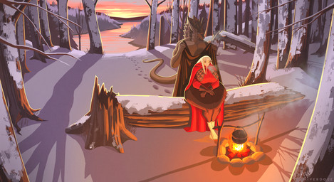 5_fingers anthro bare_chest barefoot big_breasts black_body black_clothing black_fur black_nose blue_eyes bottomwear breasts breath campfire claws cloak clothed clothed_female clothing cooking cooking_pot detailed_background duo ears_down ears_up evergreen_tree feet female fingers fire firepit footprint fully_clothed fully_clothed_female fur gloves grass hair hair_over_eye hands_crossed hands_on_lap handwear holding_clothing holding_object horizon jacket kettle log long_hair long_tail male male/female mane mane_hair muscular muscular_male orange_eyes pants pensive pine_tree pivoted_ears plant pointy_ears red_cloak red_clothing rim_light river rock shadow sitting_on_log sitting_on_object sky slightly_chubby slightly_chubby_female smile smiling_at_another smiling_at_partner snow snow_on_trees standing_behind tail thick_thighs thinking topwear tree tree_stump white_body white_fur winter wood hiverdose last_fables eni_siverets_(last_fables) the_slayer_(last_fables) canid canine canis hare lagomorph leporid mammal wolf digital_media_(artwork) hi_res