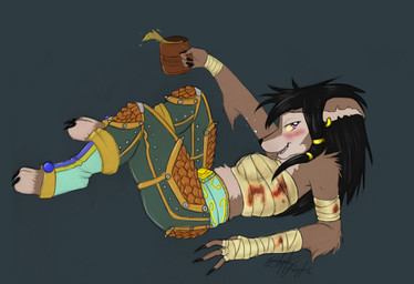 alcohol anthro armor bandage beverage blood blood_on_bandage blush bodily_fluids breasts claws clothed clothing container cup digitigrade drunk female fur hair looking_at_viewer midriff open_mouth simple_background smile solo substance_intoxication tehfizzle_(artist) blizzard_entertainment warcraft canid mammal werecanid werecreature worgen 2011
