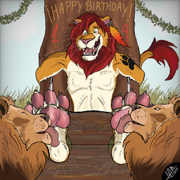 4_toes anthro black_lips brown_nose cheek_tuft claws ear_piercing ear_ring facial_tuft fangs feet feral foot_fetish foot_lick fur fur_tuft grass green_eyes group laugh licking lips loose_feather male mane open_mouth open_smile pecs piercing pink_inner_ear pink_nose plant red_mane red_tail_tuft restraints ring_piercing smile stocks tail tail_tuft teeth thick_bottom_lip tickle_fetish tickle_torture tickling tickling_feet toe_claws toes tongue tongue_out tree trio tuft whiskers yellow_body yellow_fur leon_tickles felid lion mammal pantherine 1:1