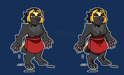 anthro black_hair blonde_hair breasts claws clothing featureless_breasts female hair makio_(demon_slayer) multicolored_hair outline pawpads red_clothing simple_background solo transparent_background two_tone_hair white_outline yellow_eyes puppetmaster13uwu changed_(video_game) demon_slayer kimetsu_no_yaiba badger goo_creature honey_badger mammal mustelid musteline alpha_channel cel_shading shaded