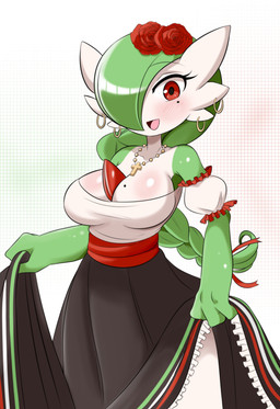 accessory beads big_breasts braided_hair breasts clothing cross cross_necklace curvy_figure dress ear_piercing ear_ring female flower flower_in_hair green_hair hair hair_accessory holding_object holidays jewelry markings mexican mexican_dress mole_(marking) necklace not_furry piercing plant prayer_beads red_eyes ring_piercing rosary rose_(flower) smile solo lucyfercomic nintendo pokemon soledad_(atomic417) gardevoir generation_3_pokemon humanoid pokemon_(species) absurd_res hi_res