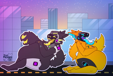 after_vore anthro anthro_pred belly big_belly bodily_fluids city city_background cityscape dripping duo machine macro male male/male male_pred open_mouth oral_vore orange_body protogen_visor saliva saliva_drip saliva_on_tongue saliva_string smile tail tongue tongue_out vore thatfennecdan equalizer_(thatfennecdan) protogen 2025 digital_drawing_(artwork) digital_media_(artwork) hi_res
