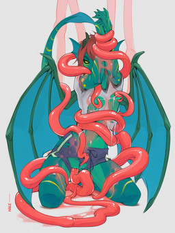anthro biped bottomwear breasts clothing crossgender ear_frill female frill_(anatomy) green_body jacket membrane_(anatomy) membranous_wings penetration restrained shirt shorts simple_background slime small_breasts solo spade_tail tail tentacles topwear torn_clothing white_background wings hale. mythology inkh dragon mythological_creature mythological_scalie scalie 3:4 hi_res