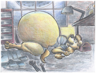 anthro belly big_belly big_breasts blonde_hair blue_eyes bottomwear breasts clothing desk female furniture hair huge_belly hyper hyper_belly hyper_pregnancy lamp moon navel pants pregnant pregnant_anthro pregnant_female shirt solo table thick_thighs toolbox tools topwear window wrench virus-20 gloria_(virus-20) bird_dog canid canine canis domestic_dog golden_retriever hunting_dog mammal retriever 2013 traditional_media_(artwork)