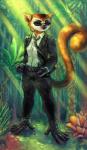 anthro belt black_clothing bodyguard bottomwear clothed clothing earpiece eyewear female forest fur gloves green_eyes gun handgun handwear jungle leather necktie orange_body orange_fur pants peeking_fangs plant rainforest ranged_weapon smile smirk solo suit sunglasses tree weapon fralea all_hail_king_julien dreamworks madagascar_(series) clover_(madagascar) crowned_lemur lemur mammal primate strepsirrhine hi_res