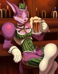 anthro beer_mug boots bottle bottomless breasts clothed clothing collar container corset eyeshadow female fluffy_shoulders footwear fur garter_straps gloves handwear hat headgear headwear legwear lingerie makeup pink_eyeshadow pupils purple_body purple_fur shoes slit_pupils solo thigh_boots thigh_highs top_hat topwear vest white_body white_fur yellow_eyes sacrificabominat .hack cyberconnect2 mia_(.hack) domestic_cat felid feline felis mammal hi_res