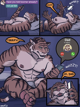 abs anthro barbell_piercing bed biped clothed clothing dialogue electronics eyebrow_piercing facial_piercing feet fur furniture jockstrap jockstrap_only lying male muscular muscular_anthro muscular_male nipples on_bed orange_body orange_fur ouch partially_clothed_anthro partially_clothed_male pawpads pecs phone phone_call piercing pink_pawpads solo speech_bubble striped_body striped_fur stripes tail text texting texting_ui topless underwear underwear_only yellow_eyes nanoff miles_(nanoff) teo_(nanoff) xavier_(nanoff) badger european_badger felid mammal meles mustelid musteline pantherine tiger 2026 3:4 comic english_text hi_res multiple_scenes