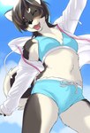 anthro bikini blue_bikini blue_clothing blue_sky blue_swimwear breasts clothed clothing eyes_closed fangs female female_anthro fur hair hoodie kemono midriff multicolored_body multicolored_clothing multicolored_fur multicolored_swimwear multicolored_tail pink_tongue sky small_breasts solo swimwear tail teeth tongue topwear two-piece_swimsuit two_tone_bikini two_tone_clothing two_tone_swimwear white_bikini white_clothing white_swimwear kikurage inukoro_(kikurage) kuroshiba_nagomi canid canine canis domestic_dog mammal shiba_inu spitz 2021 digital_media_(artwork) hi_res shaded