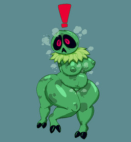 bodily_fluids breasts claws female genital_fluids genitals green_body markings quadruped red_eyes solo spots spotted_body surprised sweat sweaty_armpit toe_claws vaginal_fluids vulva carmelcaker microsoft minecraft mojang xbox_game_studios creeper_(minecraft) humanoid hi_res