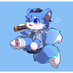 3_fingers ahoge ambiguous_gender blue_background blue_body blue_bottomwear blue_clothing blue_eyes blue_fur blue_hat blue_headwear blue_shorts blush blush_lines bottomwear cheek_tuft chibi clothing dipstick_tail facial_markings facial_tuft fingers flannel_shirt fur glistening glistening_eyes gloves_(marking) hair hat head_markings headgear headwear heart_symbol holding_object kemono leg_markings markings multi_tail multicolored_body multicolored_fur open_mouth pawpads pink_pawpads shorts simple_background socks_(marking) solo tail tail_markings tuft two_tone_body two_tone_face two_tone_fur white_body white_fur cuihongshi canid canine fox hybrid mammal 1:1 2021 digital_media_(artwork) hi_res shaded