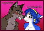 anthro bedroom_eyes blue_body blue_fur blue_hair blush border breasts dialogue duo female flirting flirting_look fur hair implied_nudity infidelity looking_at_another male male/female mutual_infidelity narrowed_eyes pink_background red_border seductive simple_background smile standing text blaze-lupine balto_(series) nintendo star_fox universal_studios balto krystal_(star_fox) canid canine canis domestic_dog fox hybrid mammal nordic_sled_dog spitz wolf wolfdog crossover digital_media_(artwork) english_text hi_res