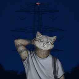ambiguous_gender anthro clothing holding_head looking_ahead night outside pointy_ears power_lines shirt solo t-shirt topwear transmission_tower warning_lights white_clothing white_shirt white_t-shirt white_topwear avianvevo felid feline mammal 1:1 half-length_portrait hi_res portrait